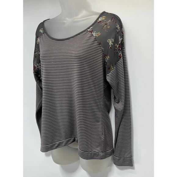 Mudd Top Womens Size M Gray Floral Striped Long Sleeve Boho Grunge Peasant - Picture 3 of 9